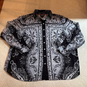Black and White Paisley Button-Up Shirt for Women